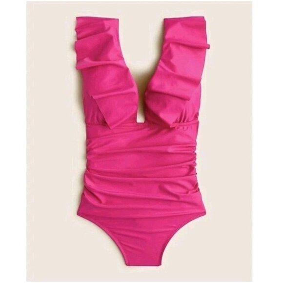 J. Crew Pink Fushia One Piece Swim Suit Ruched Ruffle V Neck Women's 6 (865) - Picture 1 of 6